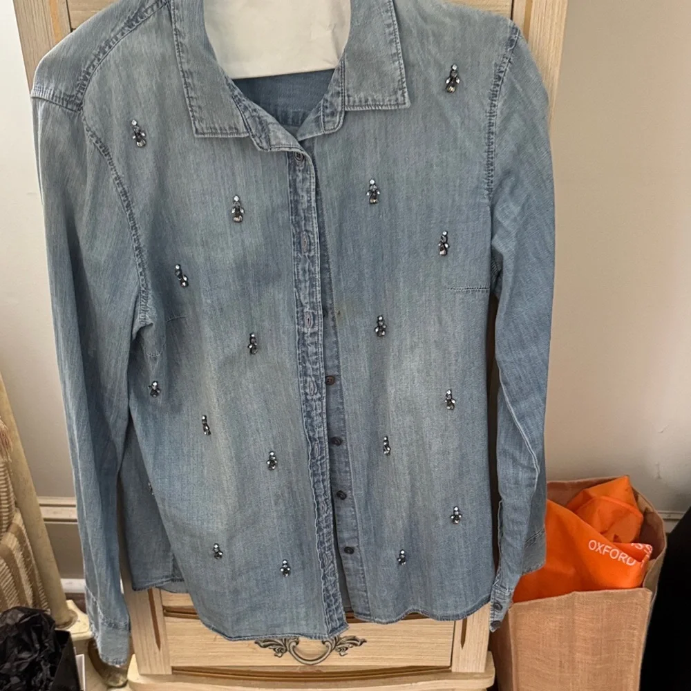 J. Crew Light Wash Denim Button-Up Shirt with Bead Embellishments